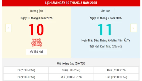 Ngày 10 tháng 3 năm 2025 là ngày tốt hay xấu? Lịch vạn niên ngày 10/3/2025, ngày 11/2 âm lịch Ất Tỵ, ngày Thanh Long Hoàng Đạo