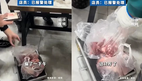 Sau khi ăn buffet, 2 thực khách bỏ 10kg thịt vào túi mang về