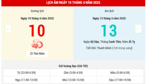 Ngày 10 tháng 4 năm 2025 là ngày tốt hay xấu? Lịch vạn niên ngày 10/4/2025, ngày 13/3 âm lịch Ất Tỵ, Kim Đường Hoàng Đạo