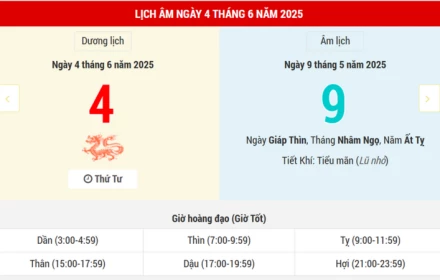 Ngày 4 tháng 6 năm 2025 là ngày tốt hay xấu? Lịch vạn niên ngày 4/6/2025, ngày 9/5 âm lịch Ất Tỵ, Thiên Lao Hắc Đạo