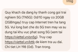 Từ nay đến 30/10, đăng ký miễn phí 20GB dung lượng 5G Viettel