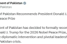 Chính phủ Pakistan đề nghị trao giải Nobel Hòa bình cho Trump