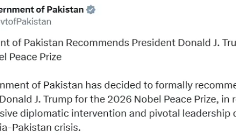 Chính phủ Pakistan đề nghị trao giải Nobel Hòa bình cho Trump