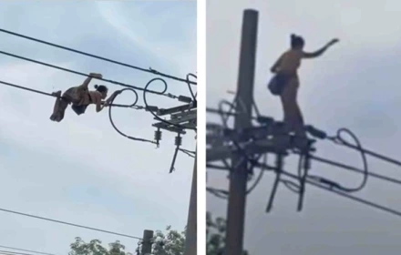 Người phụ nữ có biểu hiện bất thường 'diễn xiếc' trên dây điện