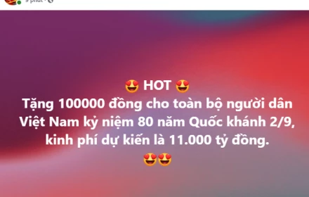 Mỗi người dân được tặng 100.000 đồng dịp 80 năm Quốc khánh thật không?