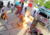 Ô tô Mercedes lùi đổ trụ bơm, cây xăng ở Hà Nội bốc cháy dữ dội