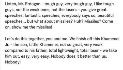 Tới cỡ này nữa: Ông Trump kêu gọi Tổng thống Thổ Nhĩ Kỳ cùng ám sát tân giáo chủ Iran