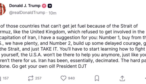 Ông Trump vừa bảo: quốc gia nào cần dầu thì mua từ Mỹ hoặc can đảm đến eo biển Hormuz