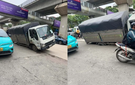NGAY LÚC NÀY ❗️Một chiếc xe tải bị sụt bánh trên đường Nguyễn Trãi, Hà Nội