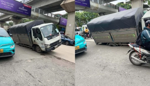 NGAY LÚC NÀY ❗️Một chiếc xe tải bị sụt bánh trên đường Nguyễn Trãi, Hà Nội