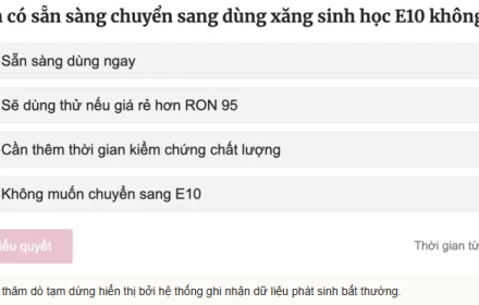 Báo VnExpress dừng hiển thị kết quả thăm dò Bạn có sẵn sàng chuyển sang dùng xăng sinh học E10 không?