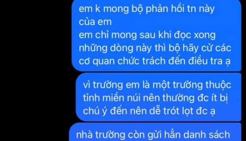 Đoạn tin thí sinh inbox Bộ Giáo dục và Đào tạo không chỉ phanh phui tiêu cực ở trường THPT Lê Trực (Quảng Trị)