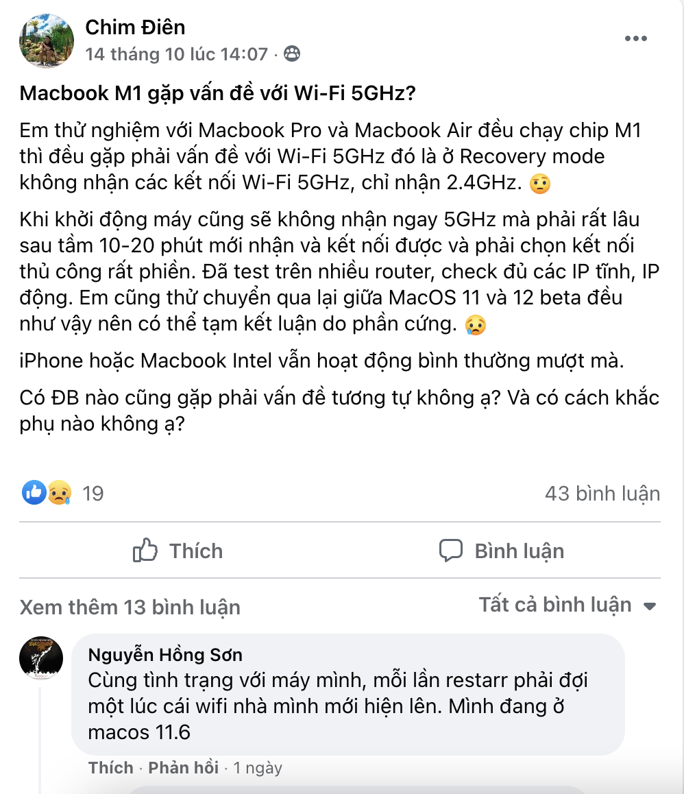 Macbook M1 lỗi kết nối WiFi băng tần 5GHz, kỹ thuật chính hãng bó tay 