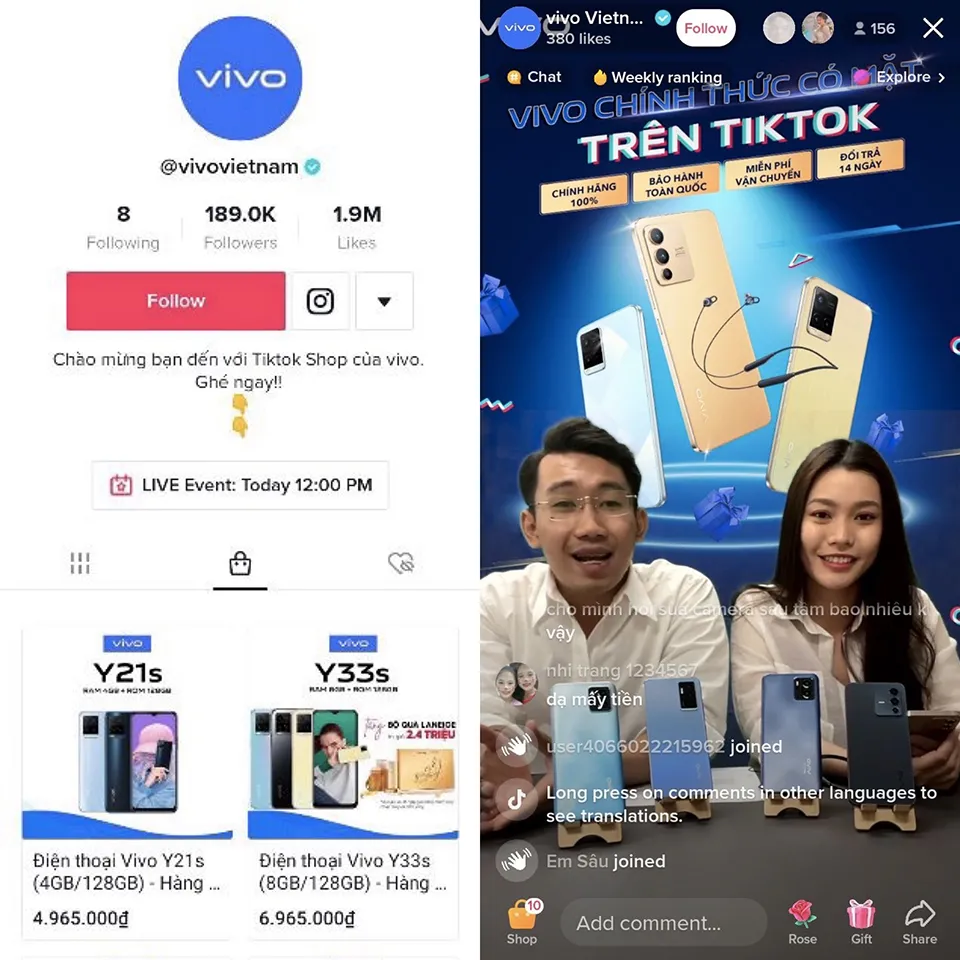 vivo Việt Nam mở kênh bán điện thoại trên Tiktok