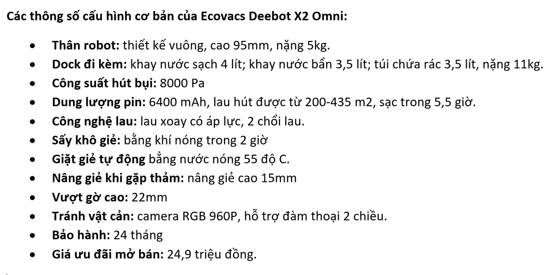 Ecovacs tung ra Deebot X2 Omni ở Việt Nam: robot đầu tiên thiết kế vuông, cảm biến lidar ẩn, lực hút khủng 8000 Pa