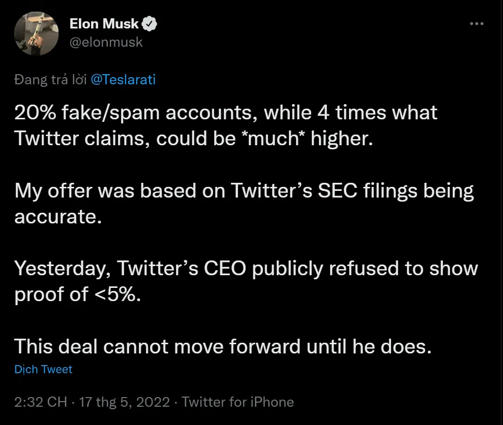 Elon Musk lại “lươn”: chưa mua Twitter chừng nào chưa xác định được số tài khoản giả mạo