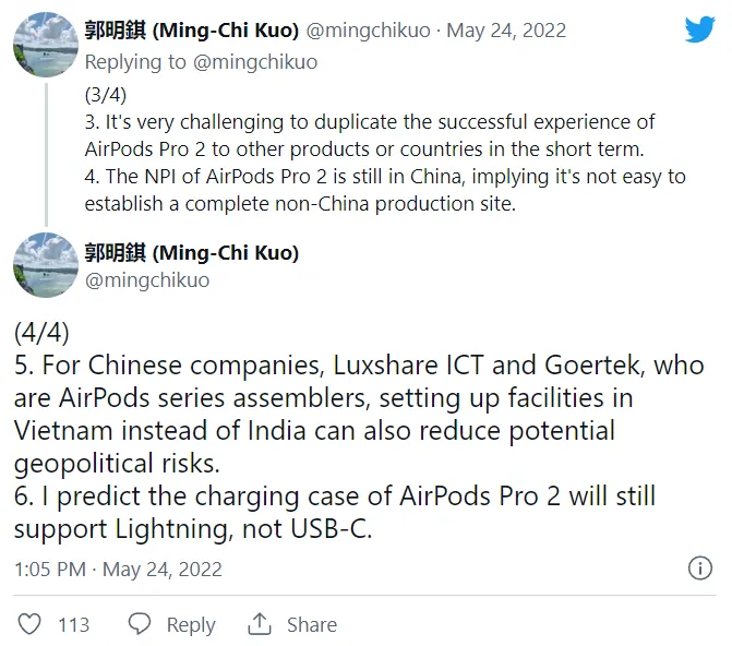 Ming-Chi Kuo: AirPods Pro 2 sẽ được sản xuất hàng loạt ở Việt Nam, vẫn giữ cổng Lightning