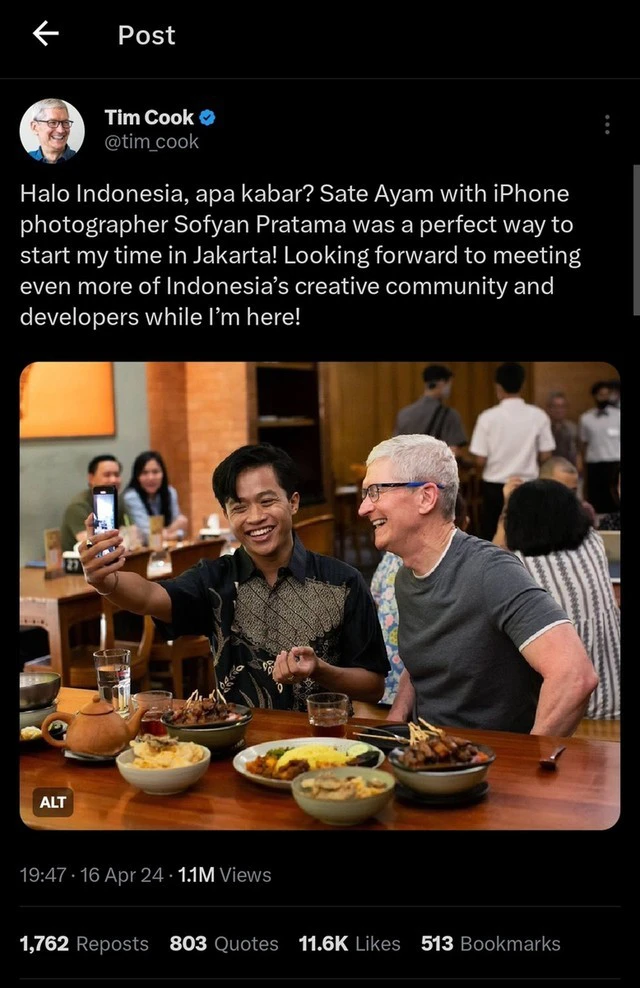 Ngay sau khi rời Việt Nam tới Indonesia, CEO Apple Tim Cook đã tuyên bố sắp xây nhà máy mới tại đất nước vạn đảo