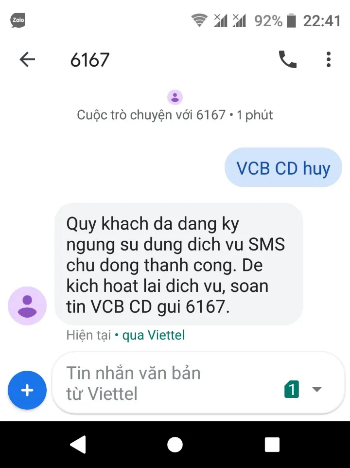 Cách hủy dịch vụ tin nhắn chủ động của Vietcombank để hoàn toàn được miễn phí chuyển tiền