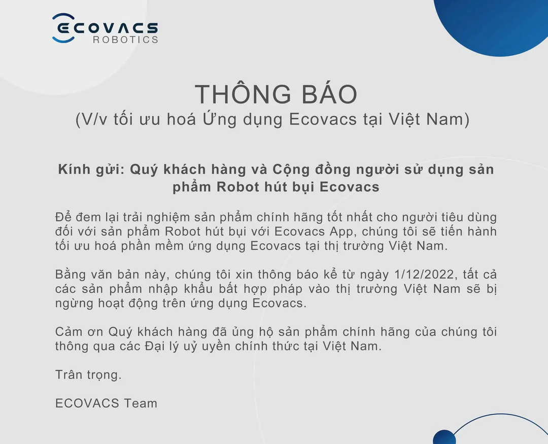 Ecovacs chặn triệt để hàng xách tay ở Việt Nam, hàng loạt robot trở về “thời công nghiệp 1.0”