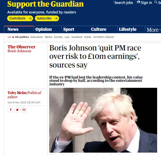 Việc Johnson rút khỏi cuộc đua thủ tướng Anh với Sunak vào phút cuối là vì "10 triệu bảng"