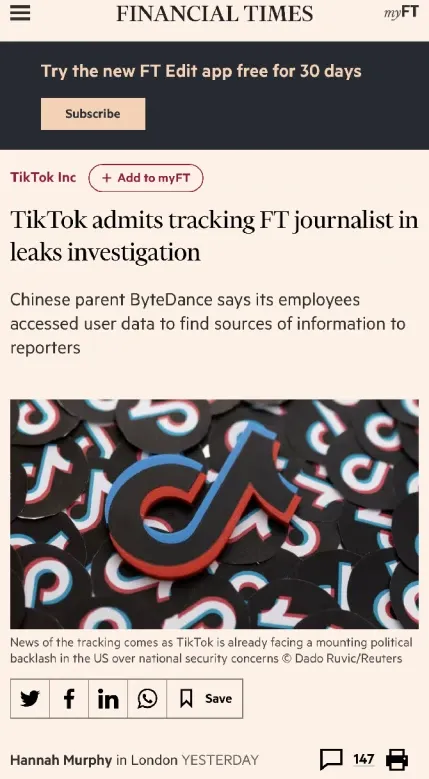 Công ty mẹ TikTok thừa nhận đã theo dõi phóng viên Financial Times