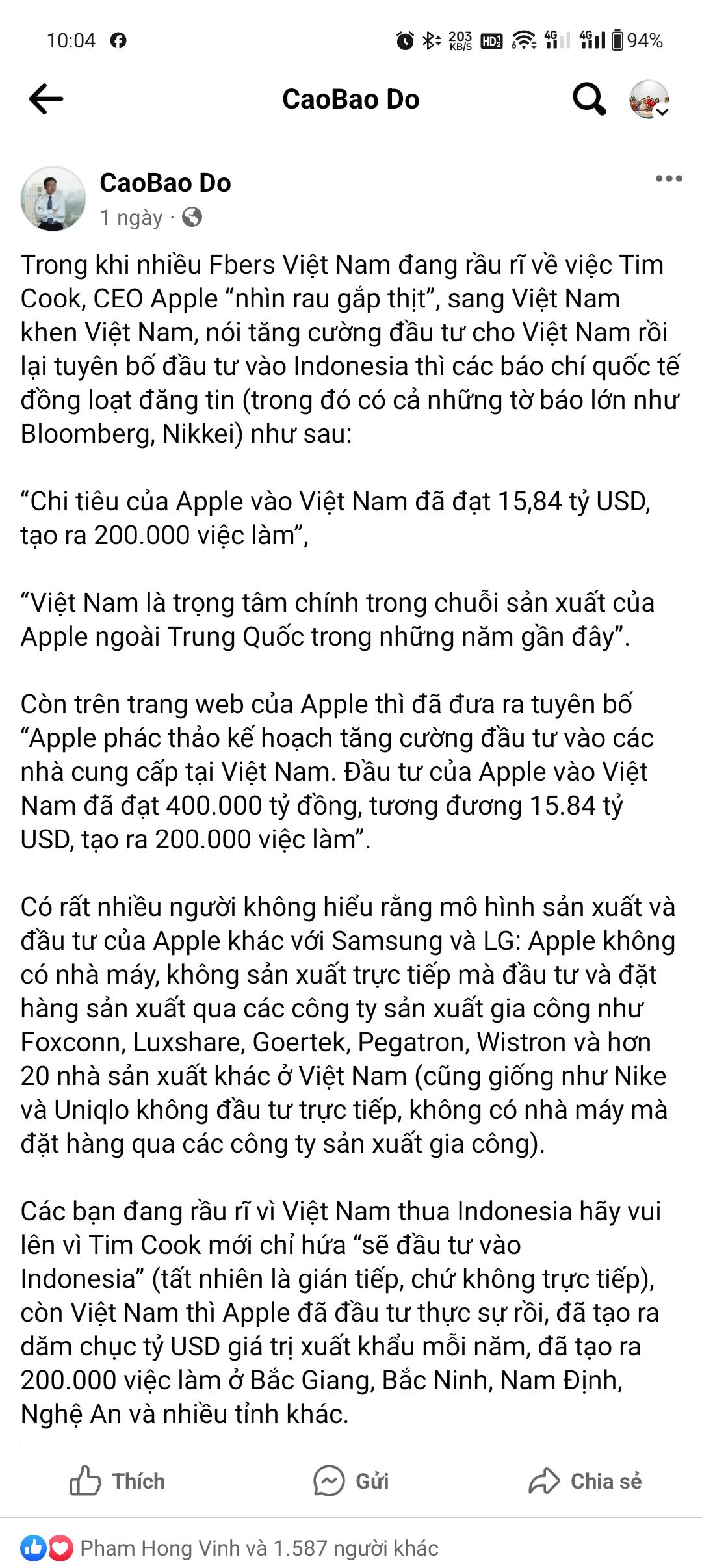 'Tim Cook mới chỉ hứa “sẽ đầu tư vào Indonesia”, còn Việt Nam thì Apple đã đầu tư thực sự rồi!'