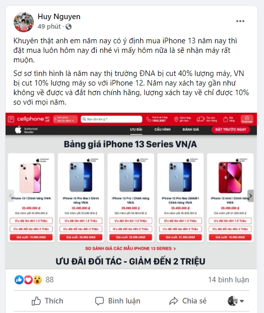 Nhu cầu iPhone 13 tại Việt Nam cao khủng khiếp, các đại lý khẳng định vẫn đủ hàng cho khách cọc