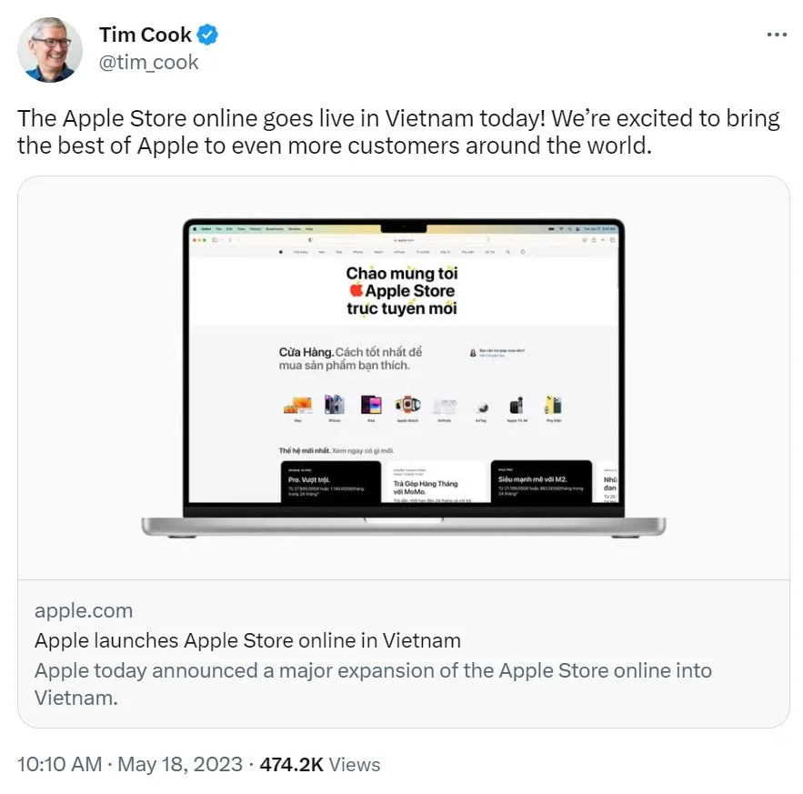 CEO Apple đăng tweet chúc mừng Apple Store Online khai trương ở Việt Nam