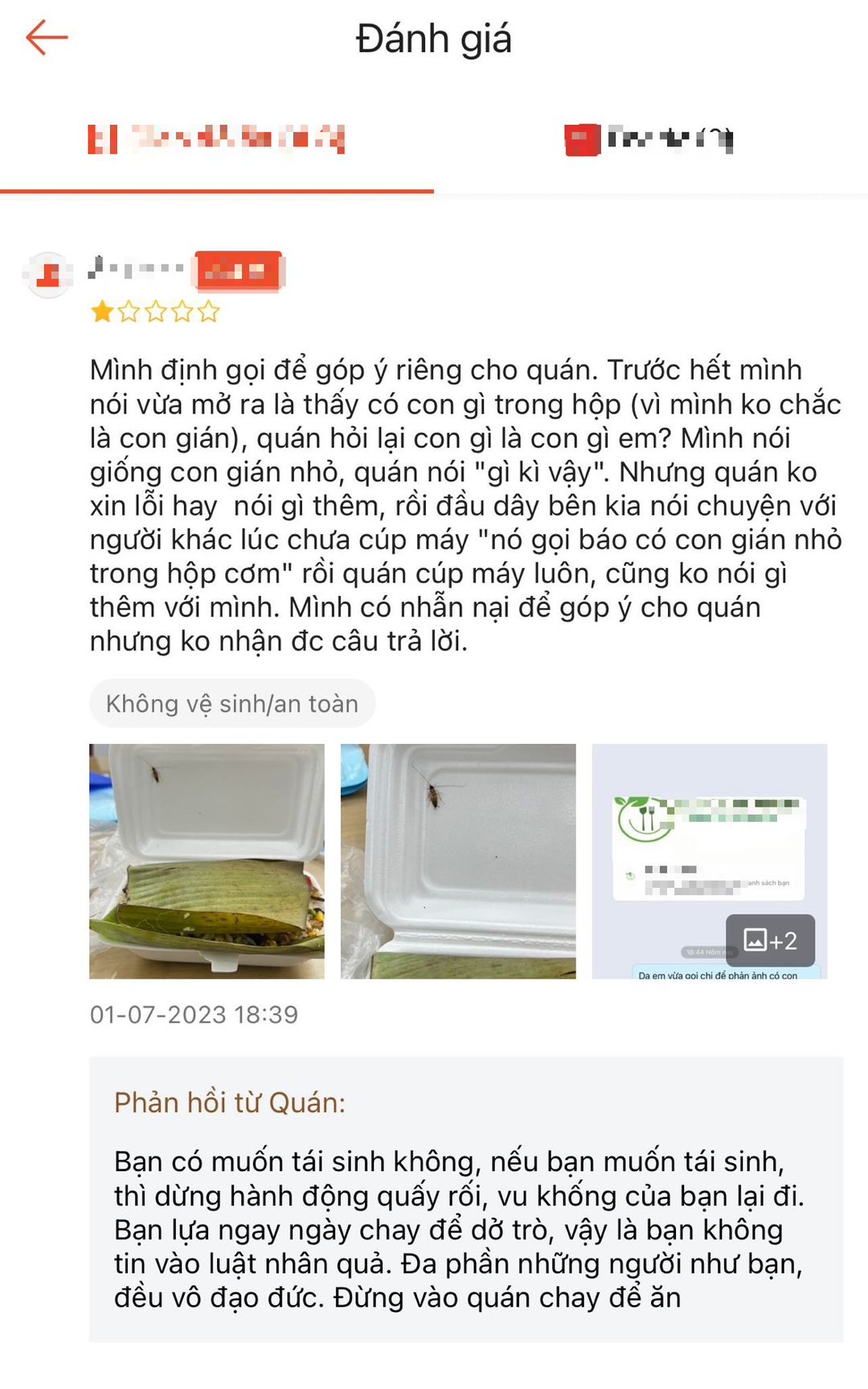 Khách báo hộp cơm chay có gián, quán phản hồi bạn có muốn tái sinh trên ứng dụng