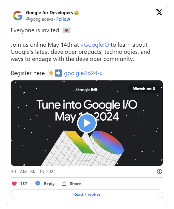 Hội nghị nhà phát triển Google I/O 2024 ấn định ngày tổ chức