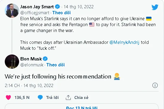Elon Musk ngừng miễn phí dịch vụ Starlink cho Ukraine hóa ra vì một câu chửi của đại sứ Ukraine tại Đức?