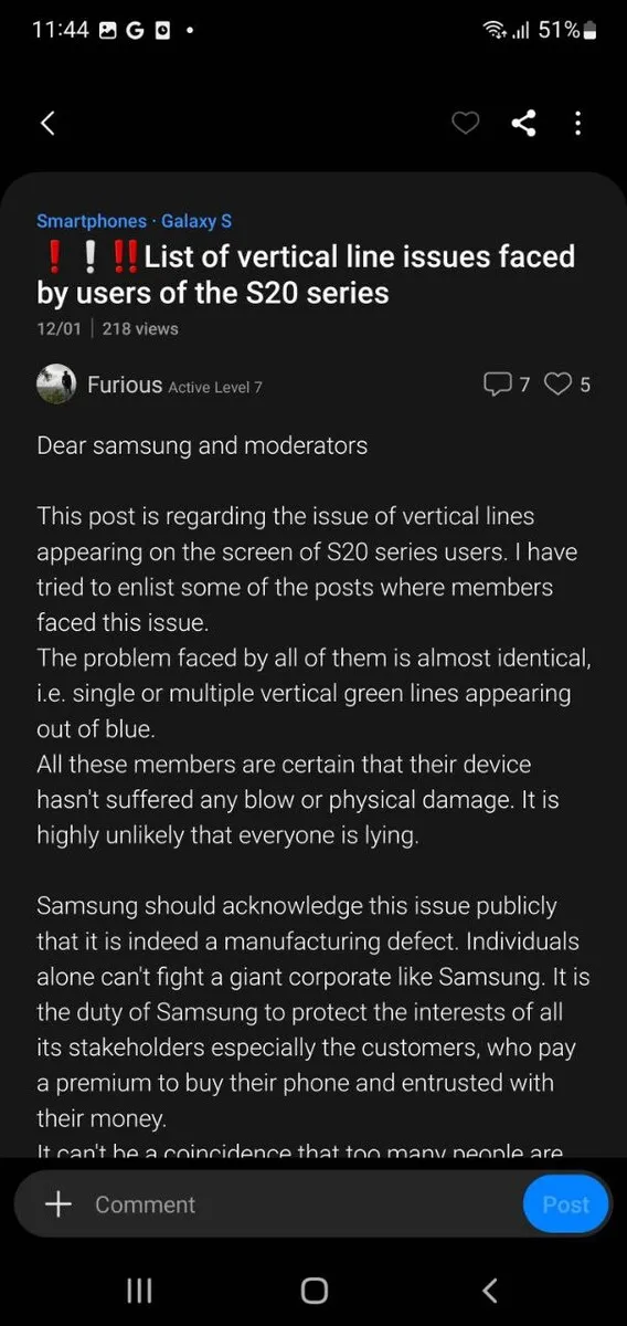 Nhiều người dùng Galaxy S20+ lại bị lỗi sọc màn hình