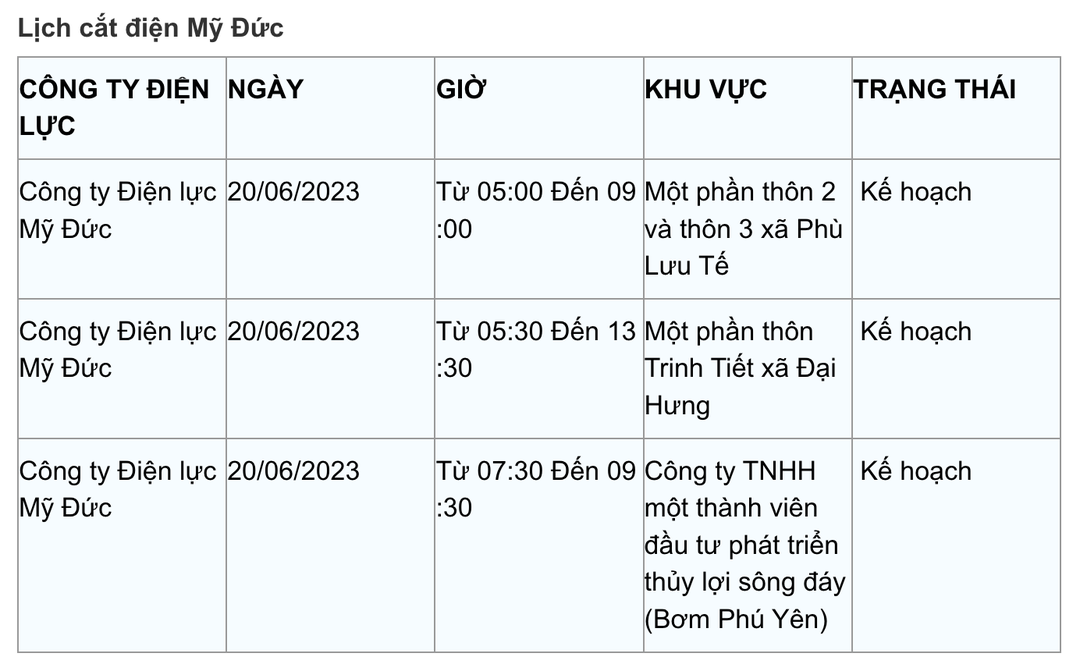 Lịch cắt điện mới nhất tại Hà Nội ngày 20/6