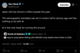 Musk tuyên bố dân số Nhật Bản sẽ giảm 1 triệu người trong năm nay, nhấn mạnh AI là giải pháp duy nhất