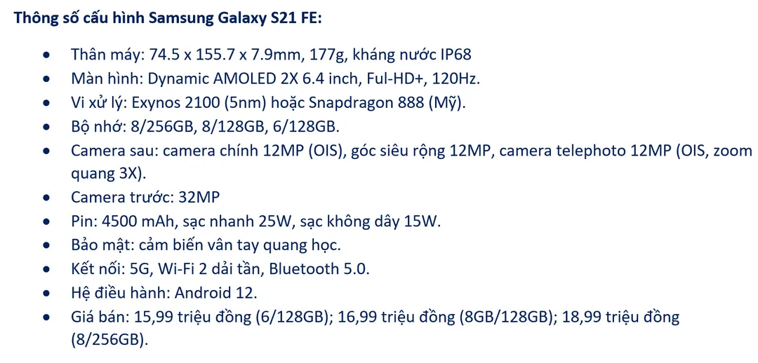 Chi tiết cấu hình Galaxy S21 FE, giá từ 16 triệu đồng ở Việt Nam