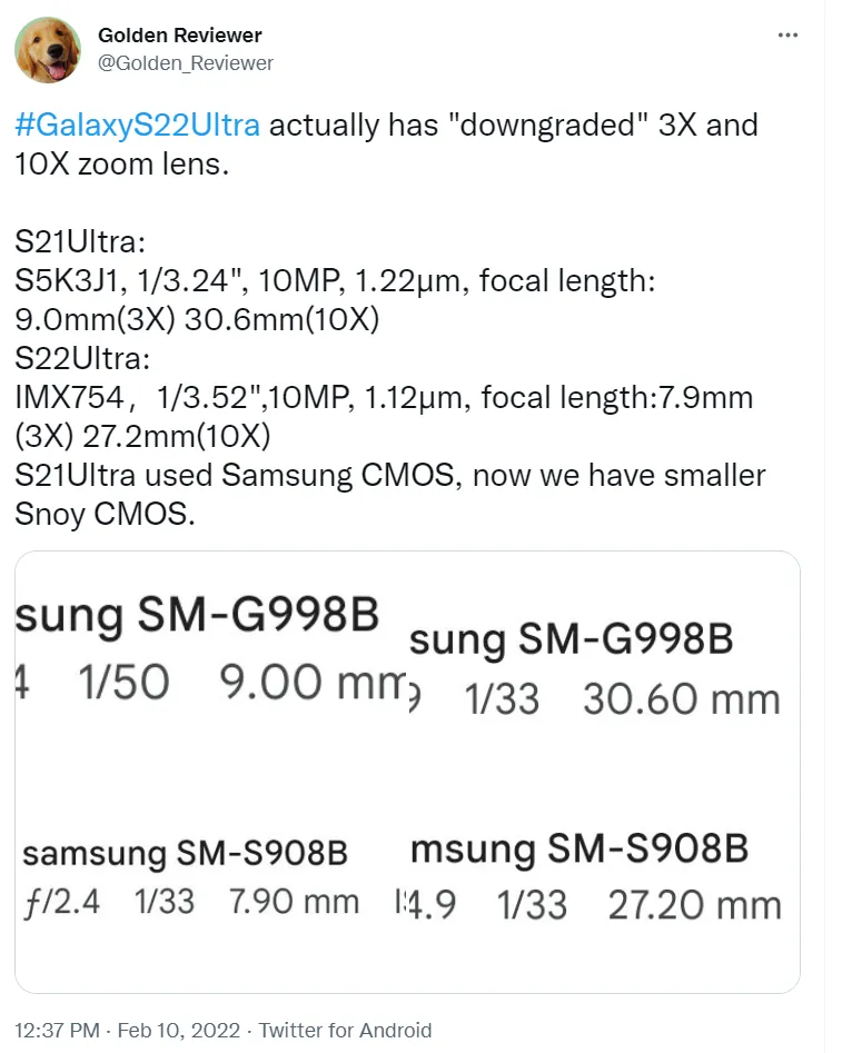 Hai ống kính zoom trên Galaxy S22 Ultra đổi từ cảm biến Samsung sang Sony