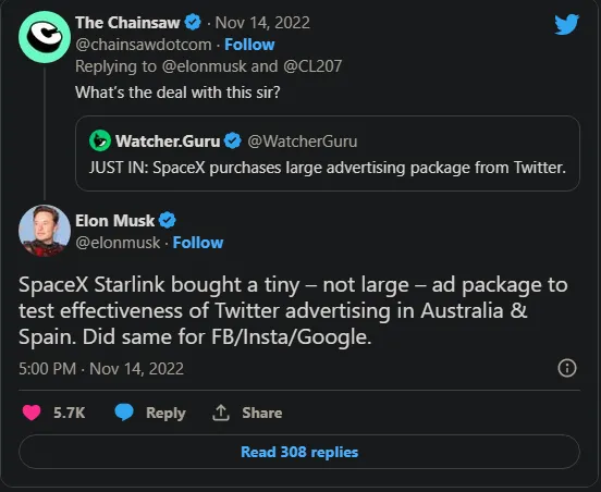 Elon Musk tự bán tự mua gói quảng cáo lớn trên Twitter cho dịch vụ Internet Starlink của SpaceX