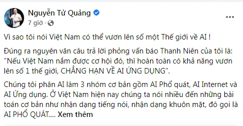 CEO Nguyễn Tử Quảng giải thích vì sao nói Việt Nam có thể vươn lên số một thế giới về AI