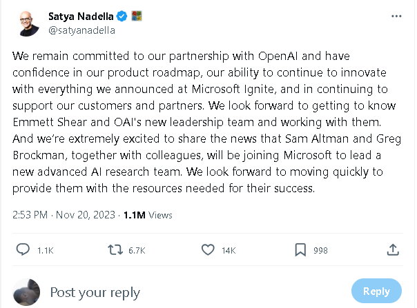 CEO Microsoft: Người sáng lập OpenAI Altman và Brockman sẽ gia nhập Microsoft
