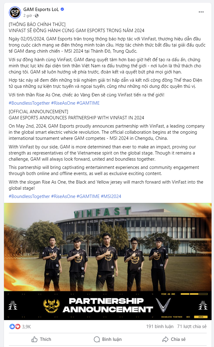 VinFast hợp tác với GAM Esports, đội tuyển Liên Minh Huyền Thoại hàng đầu Việt Nam