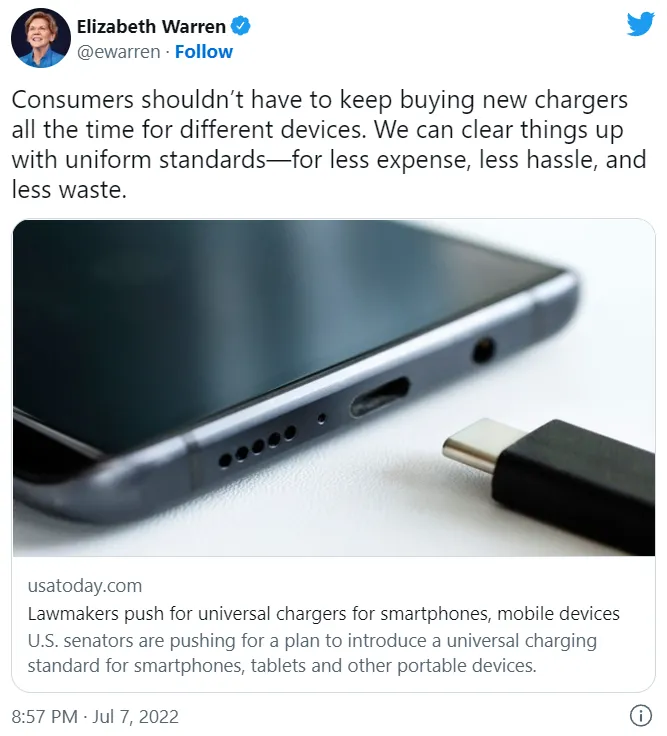 Thượng nghị sĩ Hoa Kỳ ủng hộ cáp sạc di động USB-C