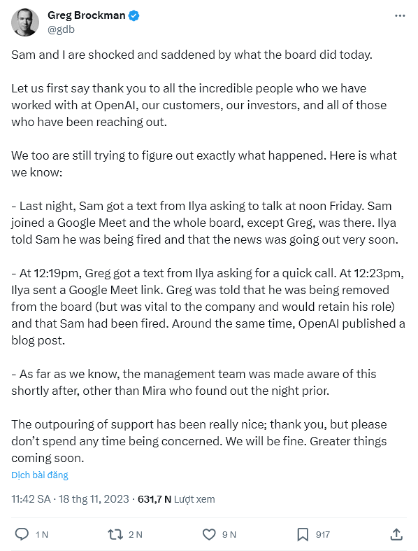 Greg Brockman, Chủ tịch, đồng sáng lập OpenAI và ChatGPT rất sốc, đau buồn trước việc Sam Altman bị sa thải