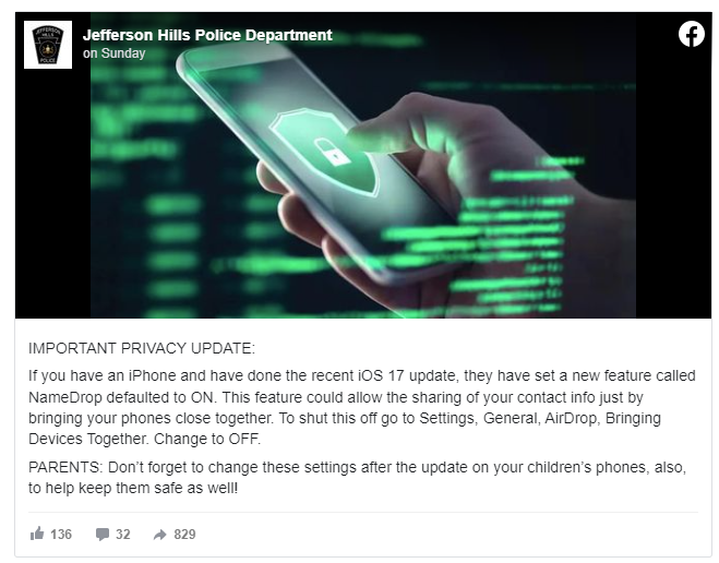 Cảnh sát Mỹ khuyến cáo nên tắt tính năng mới NameDrop trên iPhone 