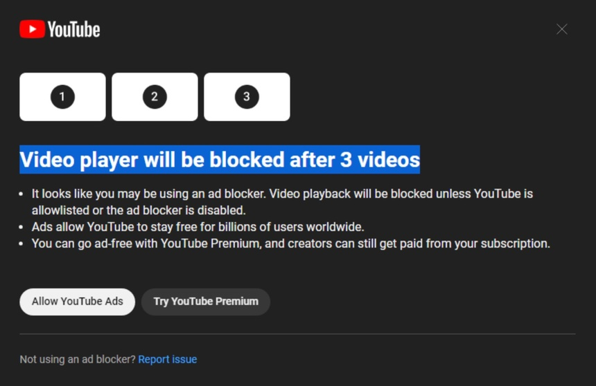 YouTube có thể cấm xem video nếu người dùng chặn quảng cáo