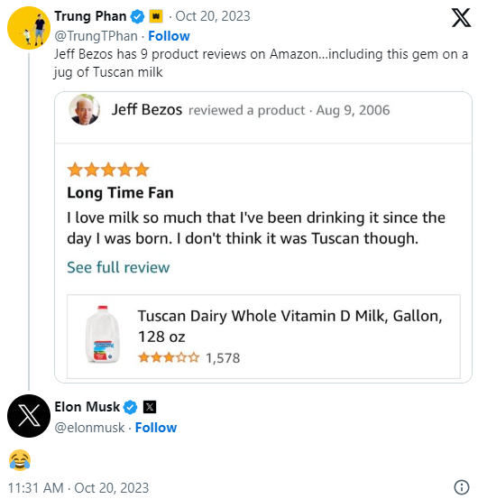 Phản ứng của Elon Musk về review sữa của kỳ phùng địch thủ Jeff Bezos