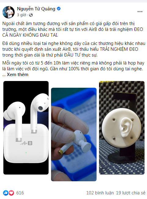 CEO Nguyễn Tử Quảng: chất âm tai nghe AirB tương đương sản phẩm giá gấp đôi, đeo cả ngày không đau tai
