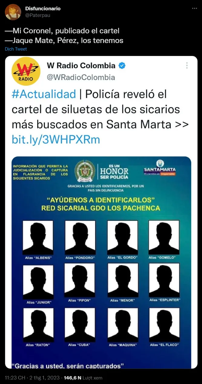 Cảnh sát Colombia đánh đố người dân khi ra lệnh truy nã tội phạm mà chẳng có ảnh lẫn tên tuổi