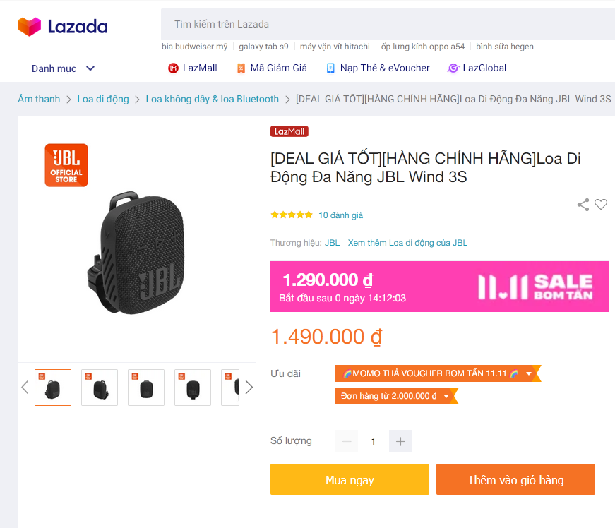 [Lazada deal thơm 11.11] Loa bluetooth JBL Wind 3S giảm tới 500K, “hàng thửa” cho người mê nghe nhạc khi đạp xe, đi phượt