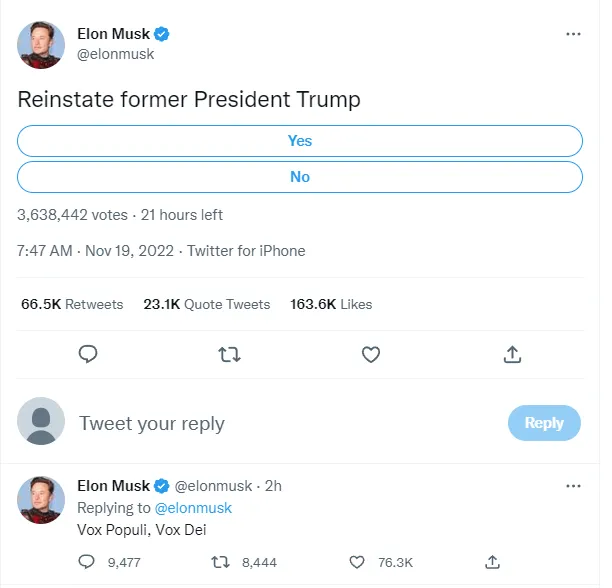 Elon Musk mở trưng cầu dân ý về việc mở khóa tài khoản Twitter của Donald Trump